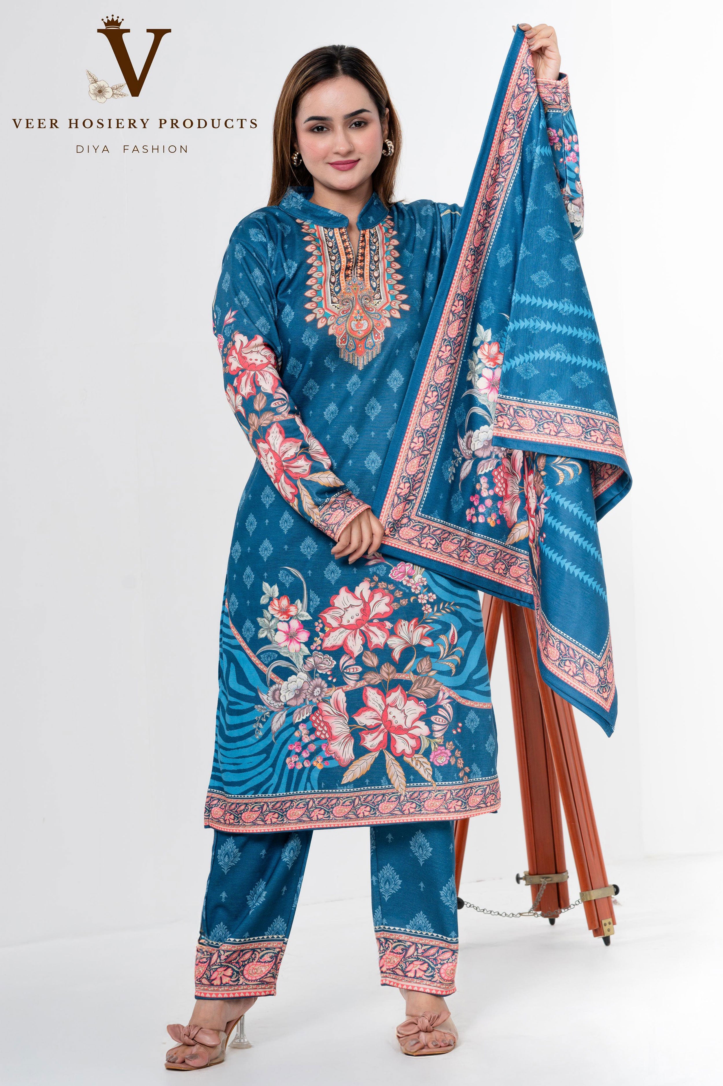 Teal Blue Floral Printed Woolen Kurti Set
