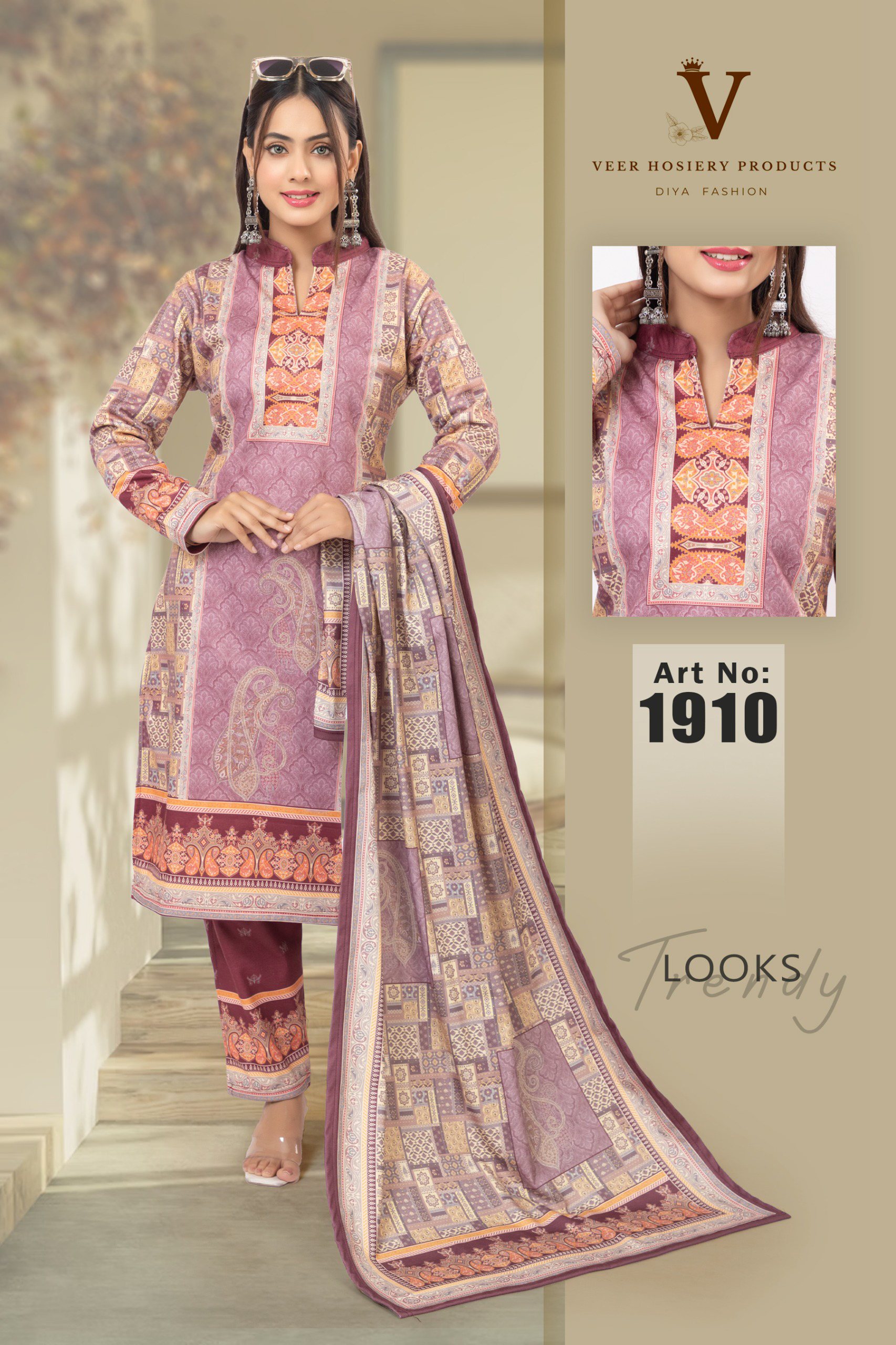 Jaipuri Soft Mauve Purple with Rust & Beige ornamental detailing.