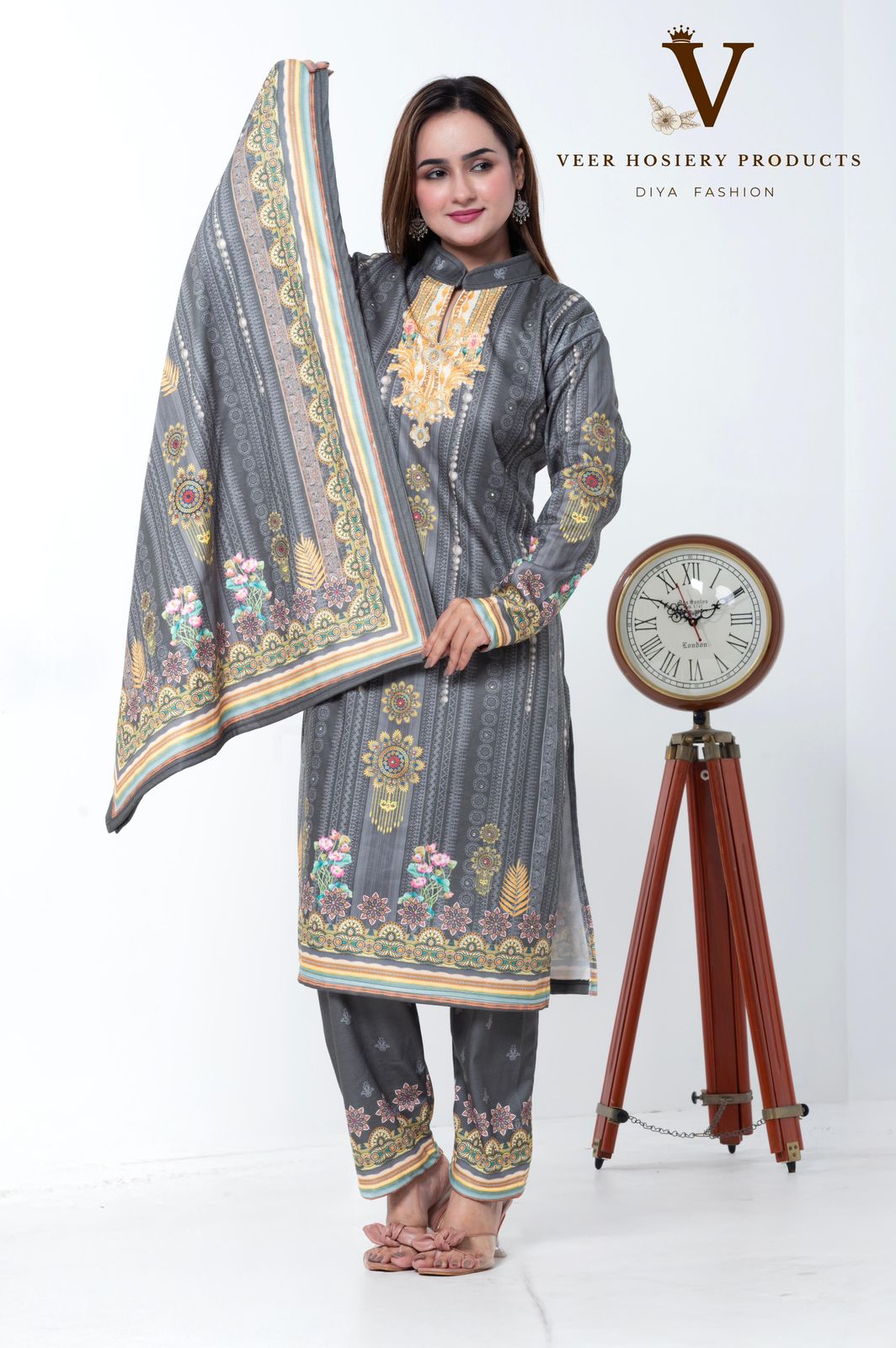 Grey Multicolor Embroidered-Style Woolen Kurti Set